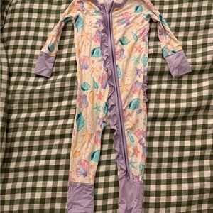 Birdie Bean Seashell Pattern Kids Footie with ruffle Purple Trim